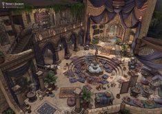 an aerial view of a living room and dining area in a fantasy - themed house