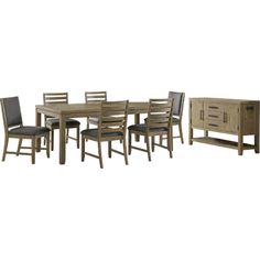 a dining room table with chairs and a cabinet next to it on a white background