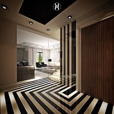 a room with black and white stripes on the floor