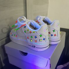 Air force customized sneakers with 3d colourful custom glow in the dark shoes with luminous neon florals. ❤️Best gift for your loved ones. ❤Each pair is uniquely painted and one of a kind. ❤Painted waterproof and scratchproof. ❤We add a free blacklight torch for you to charge your shoes. ❤The custom design is luminous can absorb light and glow in the dark.  ❤️They can be charged by sun during the day or you can use black light torch. The paint used for each shoe are premium and the sneakers are Air Force Customized, Glow In The Dark Shoes, Dark Shoes, Painted Nikes, Nike Air Force 1s, Glow In Dark, Air Force One, Force One, Neon Glow