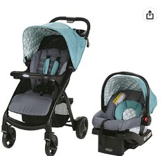 a baby stroller and car seat are shown