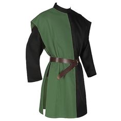 a green and black dress with a brown belt on the waist is worn by a man