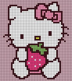 a cross stitch hello kitty holding an apple