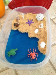 a plastic container filled with sand and sea animals