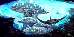 an artistic painting of a futuristic city surrounded by water and other things in the sky