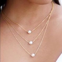 Triple Strand Gold Pearl Necklace Multiple Pearl Necklace, White Elegant Layered Necklace For Everyday, Elegant White Layered Necklace For Everyday, Elegant Everyday White Layered Necklace, Dainty White Layered Necklace With Clavicle Chain, Trendy White Layered Necklace As Gift, Trendy White Layered Necklace For Gift, Minimalist White Jewelry For Spring, Spring White Clavicle Chain Necklace