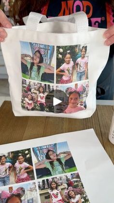 a woman holding up a bag with photos on it and the words mom in front of her