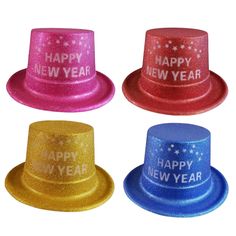 Happy New Year Glitter Top Hat .   Assorted colors  4xpcs top hats with glitter per pack One size fits most 28 x 24 x 12cm Colorful Hat, Happy New Years, Glitter Top, Top Hats, Happy Year, New Years Party, Top Hat, Fedora, Happy New