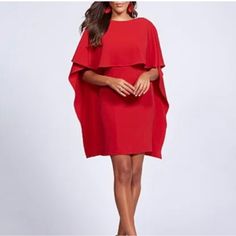 Red Cape Dress From Gabrielle Union's Collection With New York And Company. Elegant Evening Dresses For The Holidays, Elegant Solid Color Holiday Dress, Chic Solid Color Holiday Dress, Chic Solid Holiday Dress, Elegant Solid Holiday Dresses, Solid Color Sheath Party Dress, Red A-line Midi Dress For Party, Solid Sheath Mini Dress For Party, Solid Color Dress For Holiday Night Out