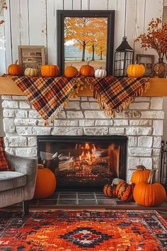 a living room filled with furniture and a fire place covered in pumpkins next to a fireplace