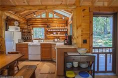 a kitchen and dining area in a log cabin