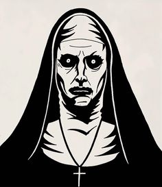 a black and white drawing of a nun with eyes wide open, wearing a hood