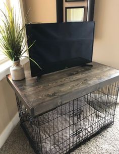 a tv sitting on top of a wooden table next to a cage with a plant in it