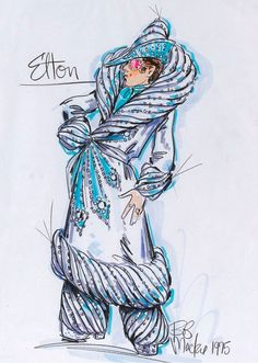 a drawing of a woman wearing a blue hat and scarf with her hands on her hips