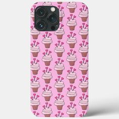 a pink phone case with cupcakes and heart shapes on the back, all over it