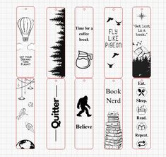 four bookmarks with different types of books on them, each one has an image of a