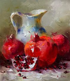 an oil painting of pomegranates and a pitcher on a table top