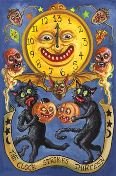 the clock strikes thirteen o'clock with cats and pumpkins in front of it