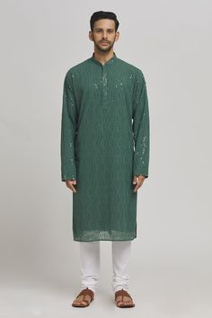 Dark olive cotton kurta with mirror and thread embroidery. Comes with churidar. - Aza Fashions Kurta Patterns, Cotton Kurta, Thread Embroidery, Churidar, Green Cotton, Mandarin Collar, Aza Fashion, Types Of Sleeves, Custom Made