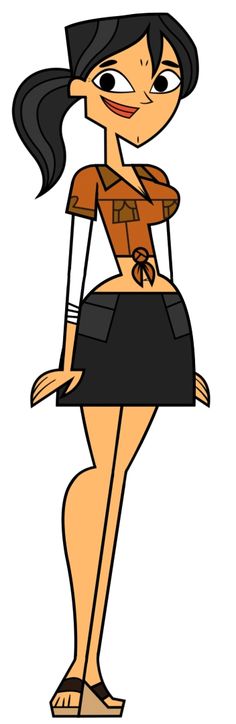 a cartoon girl with long black hair wearing a brown shirt and black miniskirt