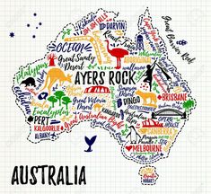 the australia map with words written all over it in different colors and font on a sheet of paper