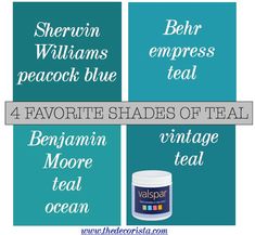 four different shades of teal with the words, behr williams peacock blue and favorite shades