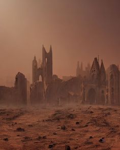 an abandoned city in the desert with dust blowing around it and buildings on either side