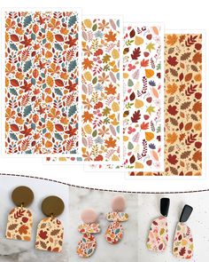 four different fall leaf patterns on paper with scissors and other items to make them look like they