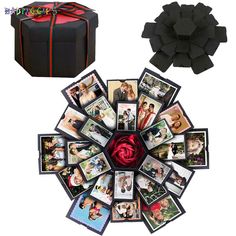 a black box with pictures on it next to a red ribbon and some other items