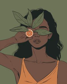 a woman holding an orange in front of her eye and looking through the leaves to see if it is ripe