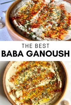 the best baba ganoush recipe is made with fresh herbs and served in a bowl