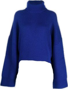 Blue High Neck Sweater For Fall, Blue Ribbed Cropped Sweater For Spring, Blue Oversized Turtleneck Top, Blue Ribbed Long Sleeve Cropped Sweater, Oversized Blue Turtleneck Sweater, Oversized Blue Turtleneck Top, Blue Funnel Neck Sweater With Ribbed Cuffs, Blue Cropped Sweater With Ribbed Cuffs For Fall, Blue Winter Turtleneck With Ribbed Cuffs