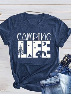 Azul Casual Collar manga corta Tela tejida Gráfico,Letras  Embellished Elástico Ligero Verano Camper Svg, Camp Shirts, Design Camp, Svg Camping, T Shirt Svg, Camp Life, Camp Fire, Camp Shirt, Camping Life