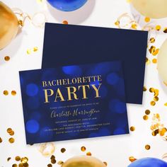 two blue and gold party cards with confetti