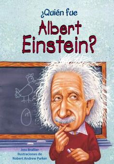 an older man is standing in front of a chalkboard with the words albert einstein on it