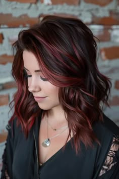 New Mom Hair Color, Balayage Hair Brown Red, Peekaboo Hair Color Placement Diagram, Fun Hair Color Ideas For Brunettes Fall, Wine Red Hair With Blonde Highlights, Red Hair Highlights On Brown Hair, Light Red Highlights, Red And Brown Highlights, Dark Red Highlights In Brown Hair