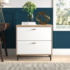 a white dresser with two drawers in front of a blue wall and wooden flooring