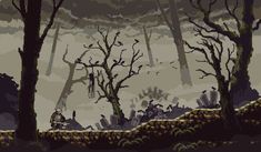 an old pixel art scene with trees and fog