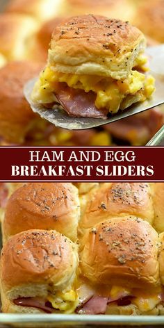 ham and egg breakfast sliders on a tray with text overlay that reads ham and egg breakfast sliders