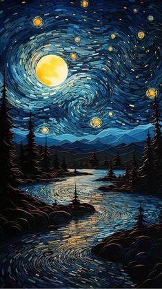 a painting of the night sky and stars over a river with trees in front of it