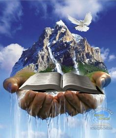 an open book is held in front of a mountain with waterfall and bird flying over it