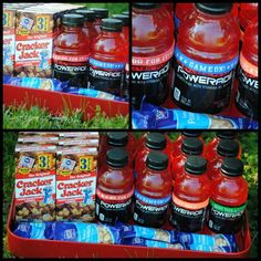 some bottles of water and other items in a red bin on the grass with blueberries