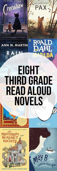 eight book covers with the title eight third grade read aloud novels in each one,