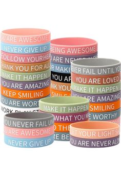 "Premium Material】Inspirational rubber band bracelets are made of good quality natural silicone, which is soft and durable, sturdy and not easy to break, with good elasticity, motivational bracelets can be stretched to a certain length,which can fit wrist of most people 【Appropriate Size】Motivational quote rubber wristbands measure 8 inches in length, 0.45 inches in width and 2.56 inches in diameter. These motivational stretch wristbands are elastic and durable ,vivid colors can make you attract Adjustable Silicone Bracelet For Gifts, Adjustable Silicone Bracelet For Gift, Adjustable Silicone Bracelet As Gift, Rubber Wristbands, Wristband Design, Motivational Bracelets, Band Bracelets, Rubber Band Bracelet, Inspirational Bracelets