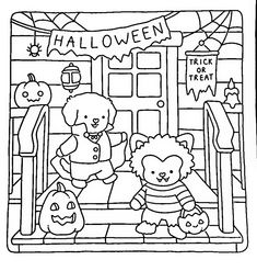 a black and white coloring page with halloween characters in the front door to a store