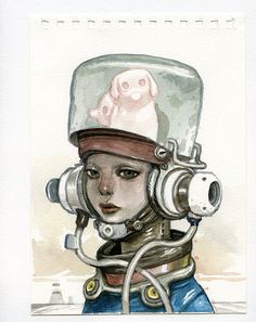 a drawing of a woman wearing a helmet with a camera attached to her head,