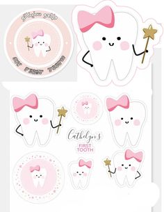 tooth stickers with pink bows and stars on them