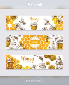 three honey banners with bees and honeycombs