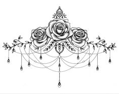 a black and white drawing of roses on a chain with drops hanging from the side