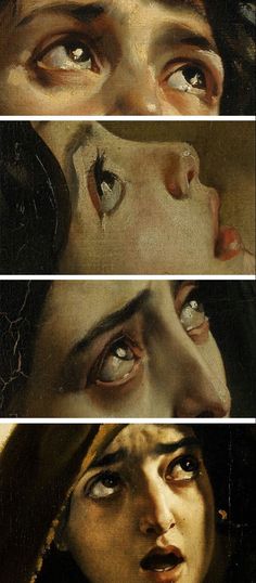 three different pictures of the same woman's face with tears on her eyes and nose